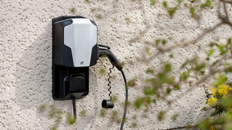 Elektrische Ladestation für E-Autos an einer weißen Hauswand montiert, schwarz-weißes Wallbox-Modell mit Ladekabel, im Vordergrund unscharfe grüne Blätter und gelbe Blüten