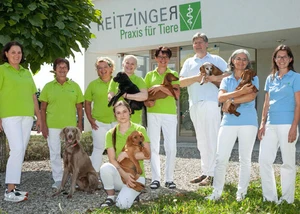 Das engagierte Team der Tierarztpraxis Reitzinger präsentiert sich vor der Praxis, gemeinsam mit ihren tierischen Patienten, unterstreicht die Verbindung von Kompetenz und Tierliebe.