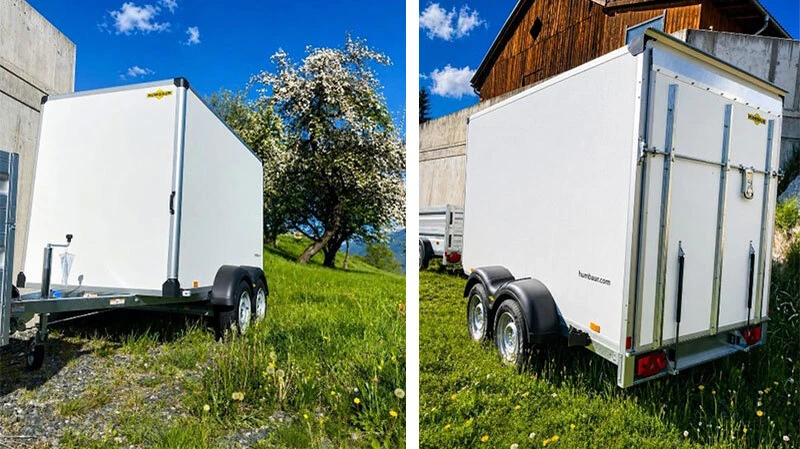 Ein geschlossener Kofferanhänger von Humbaur bietet sicheren Transport für empfindliche Güter und Ausrüstung – ideal für Gewerbe, Vereine und Einsatzkräfte