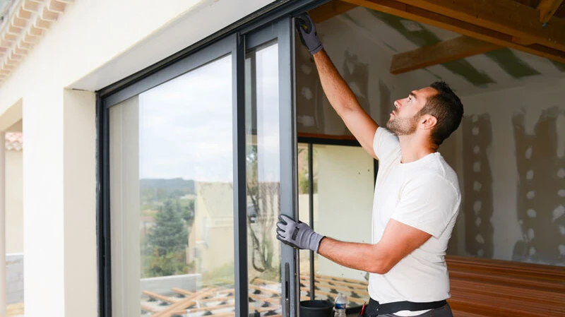 Fenstertechnik Wolfsberg | Fachmann montiert eine große Schiebetür aus Glas in einem Neubau – energieeffiziente Türinstallation. Fenstertechnik Wolfsberg | Fachmann montiert eine große Schiebetür aus Glas in einem Neubau – energieeffiziente Türinstallation.