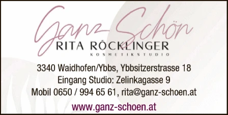Print-Anzeige von: Ganz Schön Kosmetikstudio Rita Röcklinger Print-Anzeige von: Ganz Schön Kosmetikstudio Rita Röcklinger
