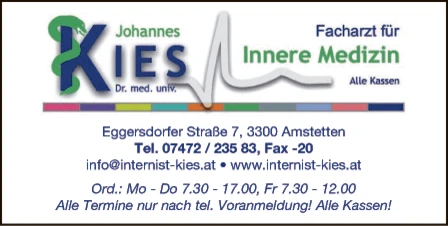 Print-Anzeige von: Kies, Johannes, Dr. med. univ., Facharzt für Innere Medizin