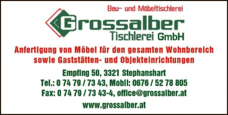 Print-Anzeige von: Grossalber Tischlerei GmbH, Bau- u Möbeltischlerei Print-Anzeige von: Grossalber Tischlerei GmbH, Bau- u Möbeltischlerei