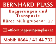 Print-Anzeige von: PLASS Bernhard GesmbH, Baggerungen u Transporte