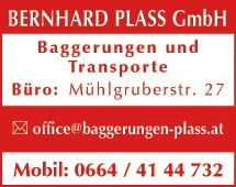 Print-Anzeige von: PLASS Bernhard GesmbH, Baggerungen u Transporte