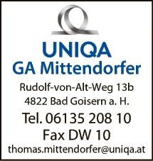 Print-Anzeige von: Uniqa GA Mittendorfer Thomas, Versicherungen Print-Anzeige von: Uniqa GA Mittendorfer Thomas, Versicherungen