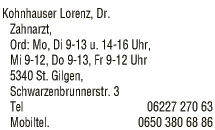 Print-Anzeige von: Kohnhauser, Lorenz, Zahnarzt