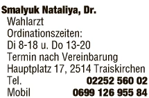 Print-Anzeige von: Smalyuk, Nataliya, Dr., FA f Augenheilkunde u Optometrie