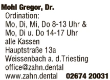 Print-Anzeige von: Mohl, Gregor, Dr., FA f. Zahn-, Mund- u. Kieferheilkunde