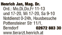 Print-Anzeige von: Henrich, Jan, Mag. Dr., Tierarzt