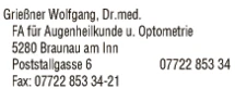 Print-Anzeige von: Grießner, Wolfgang, Dr., FA f Augenheilkunde u Optometrie