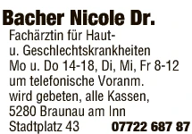 Print-Anzeige von: Bacher, Nicole, Dr., Ärzte \ Fachärzte f Haut-u Geschlechtskrankheiten