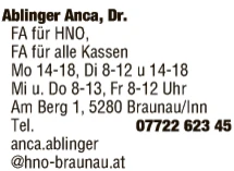 Print-Anzeige von: Ablinger, Anca, Dr., FA f HNO