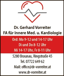 Print-Anzeige von: Vorreiter, Gerhard, Dr., FA f. Innere Med. und Kardiologie Print-Anzeige von: Vorreiter, Gerhard, Dr., FA f. Innere Med. und Kardiologie