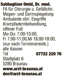 Print-Anzeige von: Dr. med. Omid Sabbaghian, FA für Chirurgie u. Gefäßchiurgie Print-Anzeige von: Dr. med. Omid Sabbaghian, FA für Chirurgie u. Gefäßchiurgie
