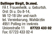 Print-Anzeige von: Dallinger, Birgit, Dr.med., FA Frauenheilkunde u Geburtshilfe