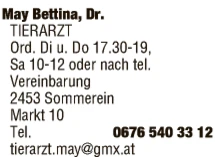 Print-Anzeige von: May, Bettina, Dr.med.vet, Tierarzt