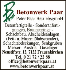 Print-Anzeige von: Paar Peter BetriebsgmbH, Betonwerk