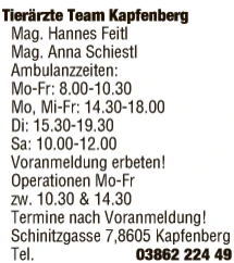 Print-Anzeige von: Tierärzte Team Kapfenberg GmbH, Tierärzte Print-Anzeige von: Tierärzte Team Kapfenberg GmbH, Tierärzte