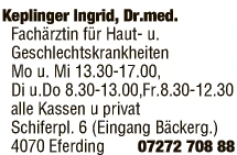 Print-Anzeige von: Keplinger, Ingrid, Dr., FA f. Haut- u. Geschlechtskrankheiten