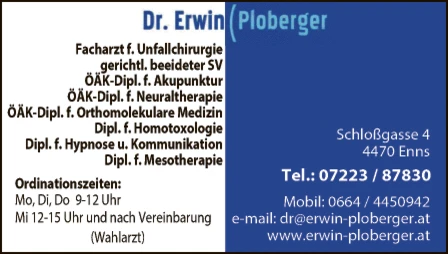 Print-Anzeige von: Ploberger, Erwin, Dr., Facharzt für Unfallchirurgie Print-Anzeige von: Ploberger, Erwin, Dr., Facharzt für Unfallchirurgie