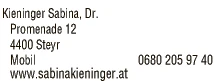 Print-Anzeige von: Kieninger, Sabina, Dr., Psychotherapie