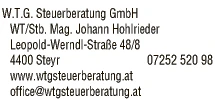 Print-Anzeige von: W.T.G. Steuerberatung GmbH, Mag. Johann Hohlrieder