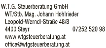 Print-Anzeige von: W.T.G. Steuerberatung GmbH, Mag. Johann Hohlrieder Print-Anzeige von: W.T.G. Steuerberatung GmbH, Mag. Johann Hohlrieder