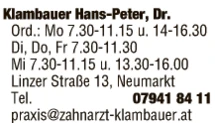 Print-Anzeige von: Klambauer, Hans-Peter, Dr., FA f. Zahn-, Mund- und Kieferheilkunde
