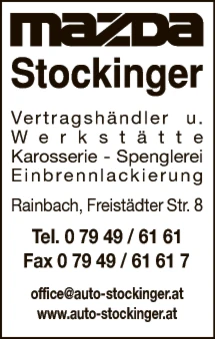 Print-Anzeige von: Auto Stockinger GmbH, Mazda-Vertragshändler, Autoreparaturen
