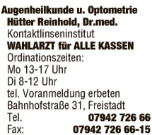 Print-Anzeige von: Hütter, Reinhold, Dr.med., FA f Augenheilkunde u Optometrie