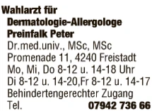 Print-Anzeige von: Preinfalk, Peter, dr.med.univ., Wahlarzt f. Dermatologie-Allergologe