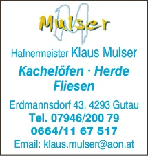 Print-Anzeige von: Mulser, Klaus, Kachelöfen-Herde-Kamine