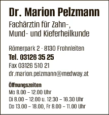 Print-Anzeige von: Pelzmann, Marion, Dr., Fachärztin f. Zahn-, Mund- u. Kieferheilkunde