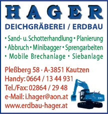 Print-Anzeige von: Hager, Ingeborg, Deichgräberei - Erdbau Print-Anzeige von: Hager, Ingeborg, Deichgräberei - Erdbau
