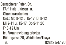 Print-Anzeige von: Dr. Peter Bernscherer, FA. f. Hals-, Nasen- u. Ohrenheilkunde