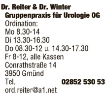 Print-Anzeige von: Dr. Reiter & Dr. Winter, FA f Urologie Print-Anzeige von: Dr. Reiter & Dr. Winter, FA f Urologie
