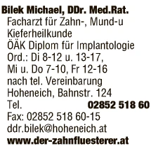 Print-Anzeige von: Bilek, Michael, Med.Rat. DDr., FA f Zahn-, Mund- u Kieferheilkunde