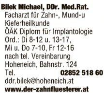 Print-Anzeige von: Bilek, Michael, Med.Rat. DDr., FA f Zahn-, Mund- u Kieferheilkunde