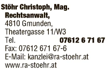 Print-Anzeige von: Stöhr, Christoph, Mag., Rechtsanwaltskanzlei Print-Anzeige von: Stöhr, Christoph, Mag., Rechtsanwaltskanzlei