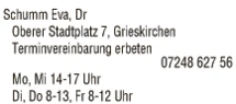 Print-Anzeige von: Schumm, Eva, Dr., Ärzte \ Fachärzte f Frauenheilkunde u Geburtshilfe Print-Anzeige von: Schumm, Eva, Dr., Ärzte \ Fachärzte f Frauenheilkunde u Geburtshilfe