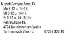 Print-Anzeige von: Mlynek, Grazyna, Dr., Zahnarzt