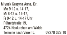 Print-Anzeige von: Mlynek, Grazyna, Dr., Zahnarzt