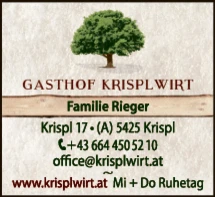 Print-Anzeige von: Gasthof Krisplwirt