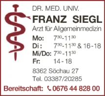 Print-Anzeige von: Dr.med.univ. Franz Siegl, Arzt für Allgemeinmedizin