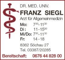 Print-Anzeige von: Dr.med.univ. Franz Siegl, Arzt für Allgemeinmedizin