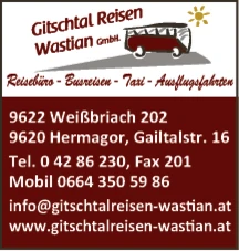 Print-Anzeige von: Wastian-Gitschtal Reisen GmbH, Reisebüro