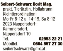 Print-Anzeige von: Seibert-Schwarz, Dorit, Mag., Tierärztin