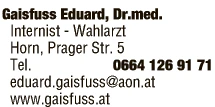 Print-Anzeige von: Dr. med. Eduard Gaisfuss, FA für Innere Med.