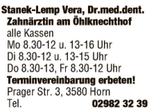 Print-Anzeige von: Stanek-Lemp, Vera, Dr.med.dent., FA f. Zahn-, Mund- u. Kieferheilkunde